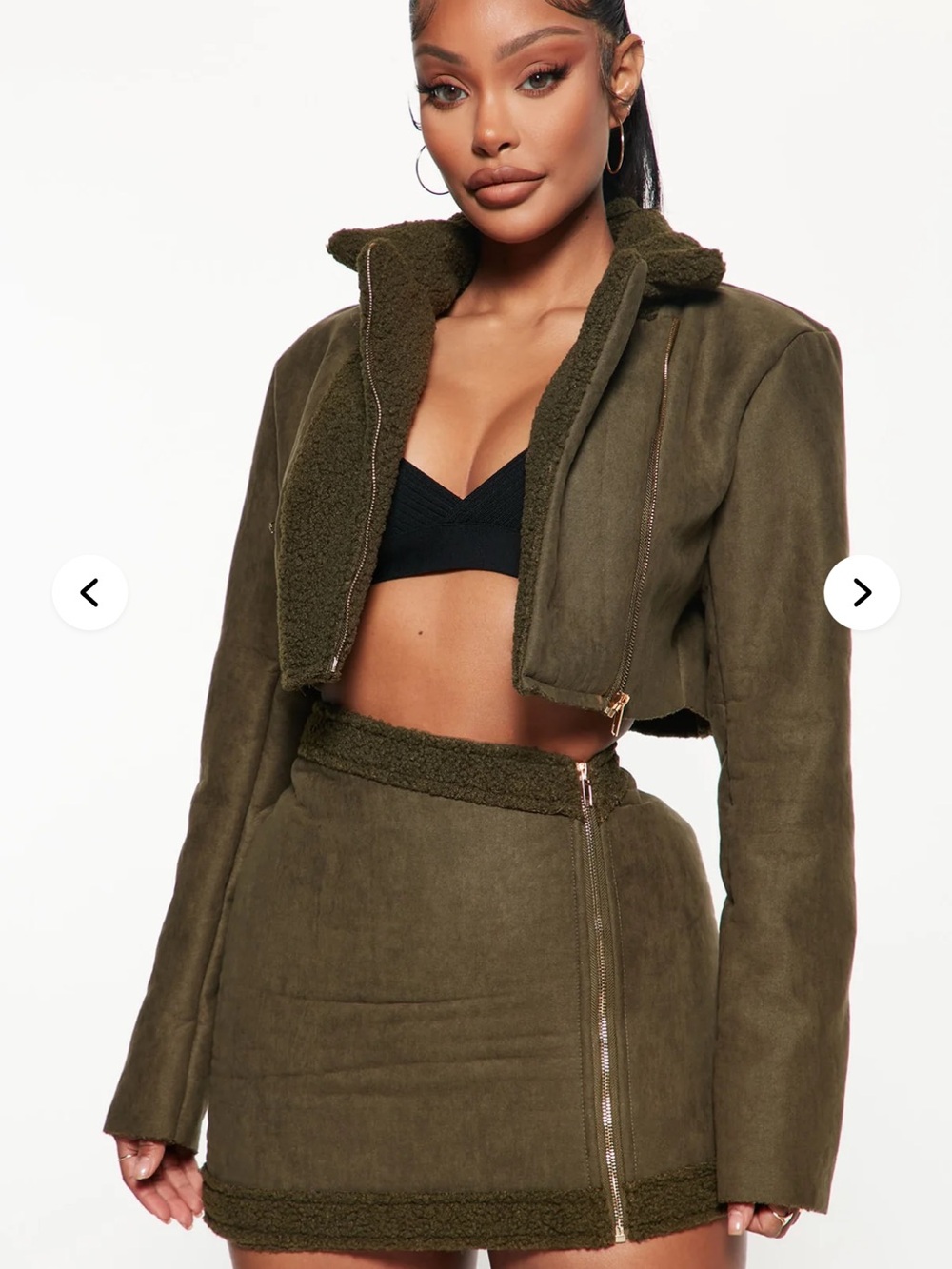 Fashion Nova Olive Cropped Shearling-Trim Bomber Jacket
